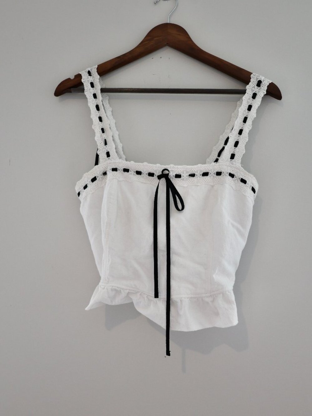 White Crochet-Trim Tank Top with Black Tie Accent